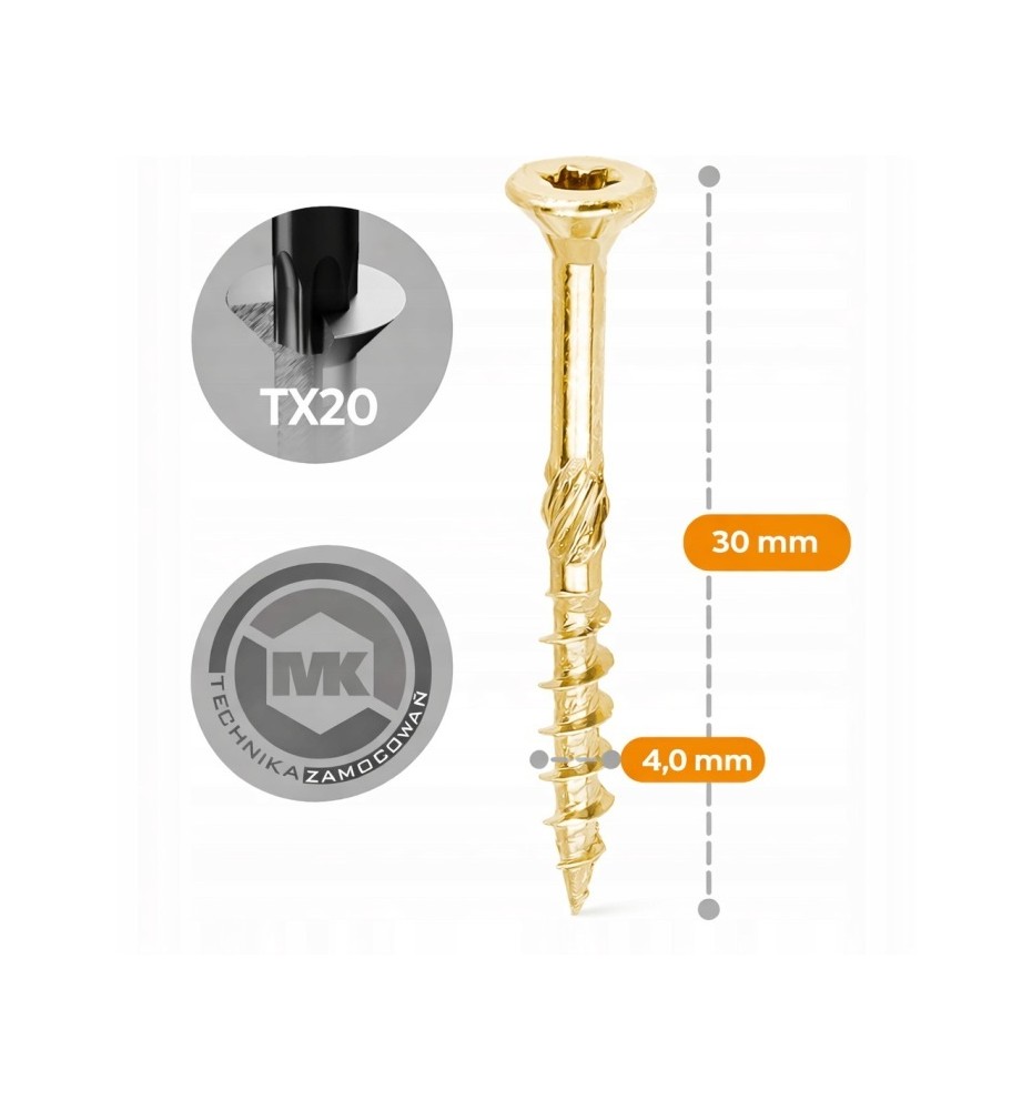 Wkręty hartowane stożkowe TORX T20 4x30 1000szt UCT4030